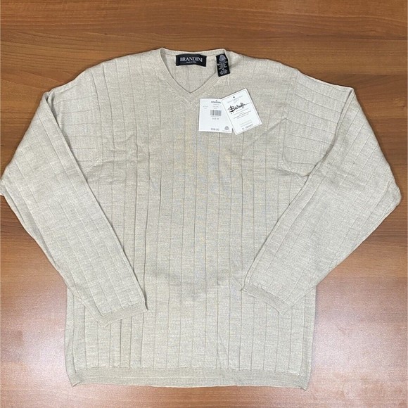 Brandini Sweater Mens M V Neck Extra Fine Merino Wool Long Sleeve Beige NWT - Picture 1 of 7